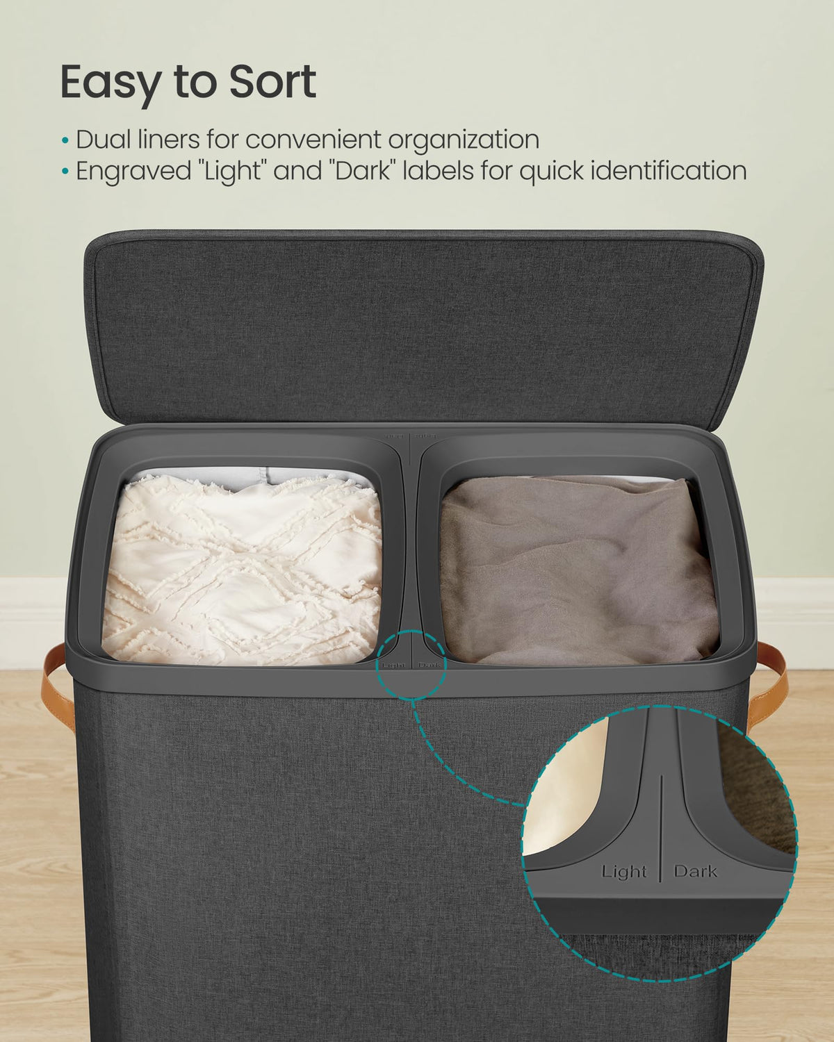 SONGMICS Laundry Basket, 44.9 Gal. Laundry Hamper, 2 Compartments, Easy Assembly, with Lid and