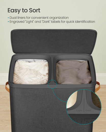 SONGMICS Laundry Basket, 44.9 Gal. Laundry Hamper, 2 Compartments, Easy Assembly, with Lid and