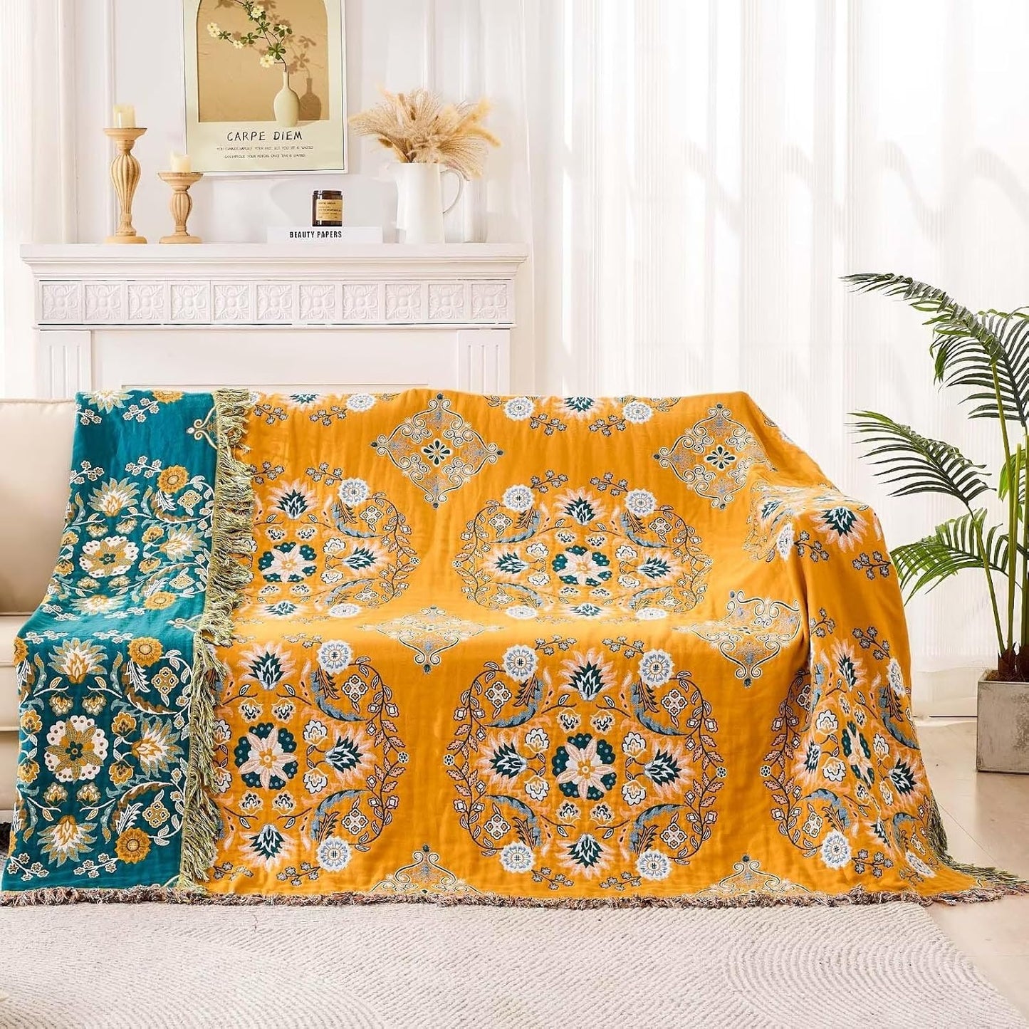 Boho Throw Blanket, 100% Cotton Ultra Soft Luxury Throw Rustic Quilt, Floral Printed Farmhouse