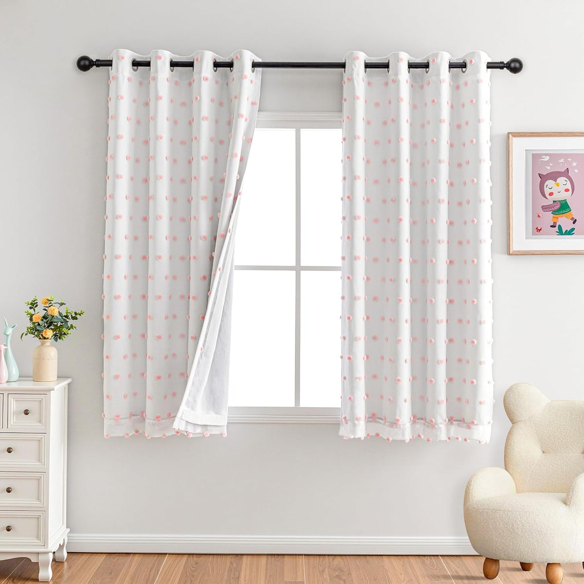 MYSKY HOME Pink Pom Pom Blackout Curtains for Girls Bedroom 63 Inch Long 100% Blackout Curtains for