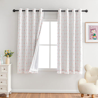 MYSKY HOME Pink Pom Pom Blackout Curtains for Girls Bedroom 63 Inch Long 100% Blackout Curtains for