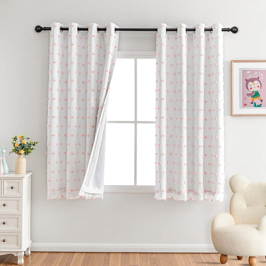 MYSKY HOME Pink Pom Pom Blackout Curtains for Girls Bedroom 63 Inch Long 100% Blackout Curtains for