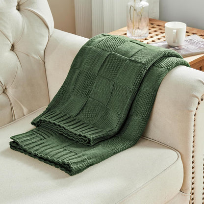CozeCube Knit Throw Blanket,Christmas Green Checkered Bedroom Blanket for Couch,Soft Cozy Warm