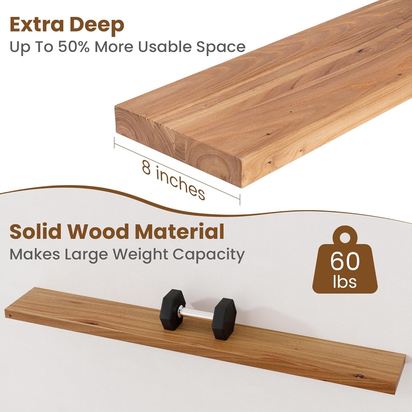 Floating Shelves for Wall Decor, 8" Deep Rustic Solid Elm Wood Floating Shelves Wall Mounted, Wall