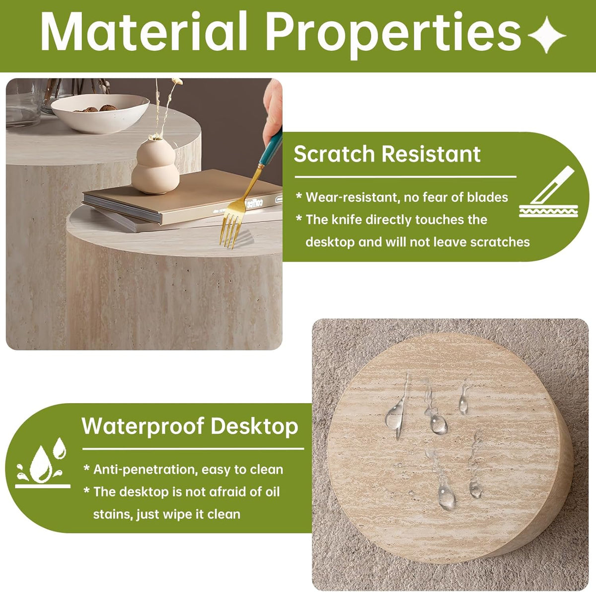 Round Nesting Coffee Table, Drum Wood Coffee Table Set of 2 Travertine-Color, Modern Nesting Tables
