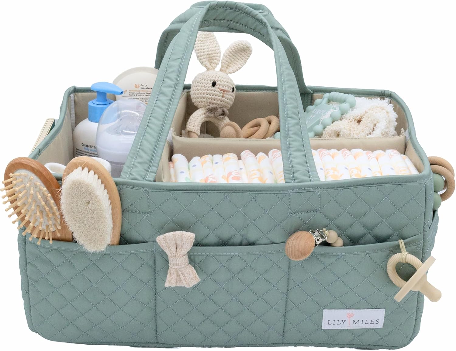 Lily Miles Baby Diaper Caddy Organizer, Quilted Nursery Storage Basket for Newborn Essentials and