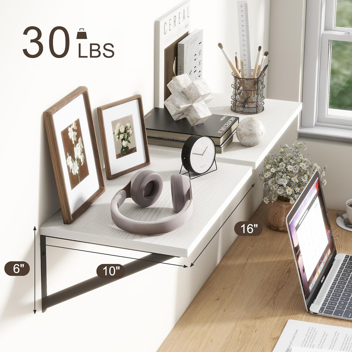 Fun Memories 10 Inch Deep Floating Shelves, White Floating Shelf 16 Inch Long, 16" W x 10" D Wall