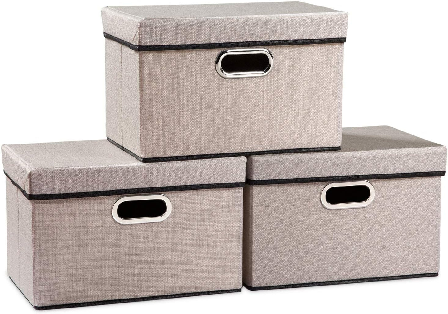 PRANDOM Foldable Storage Bin with Lid [3-Pack] Linen Fabric Decorative Storage Box Organizer