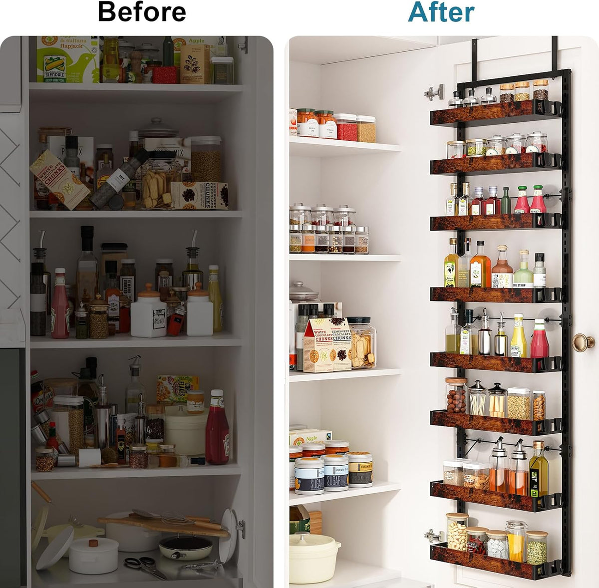 bukfen Over the Door Pantry Organizer, 8-Tier Adjustable Wooden Basket Kitchen Pantry Door
