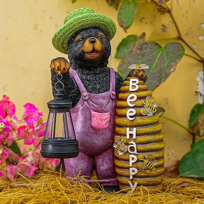Solar Adorable Bear Garden Statue with Beehive and Lantern - “Bee Happy” Resin Outdoor Decoration