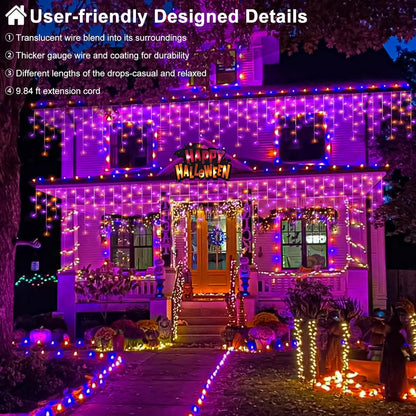 66ft Halloween Lights Outdoor, 640 LED Icicle Lights for Outside, Orange and Purple Twinkle Lights