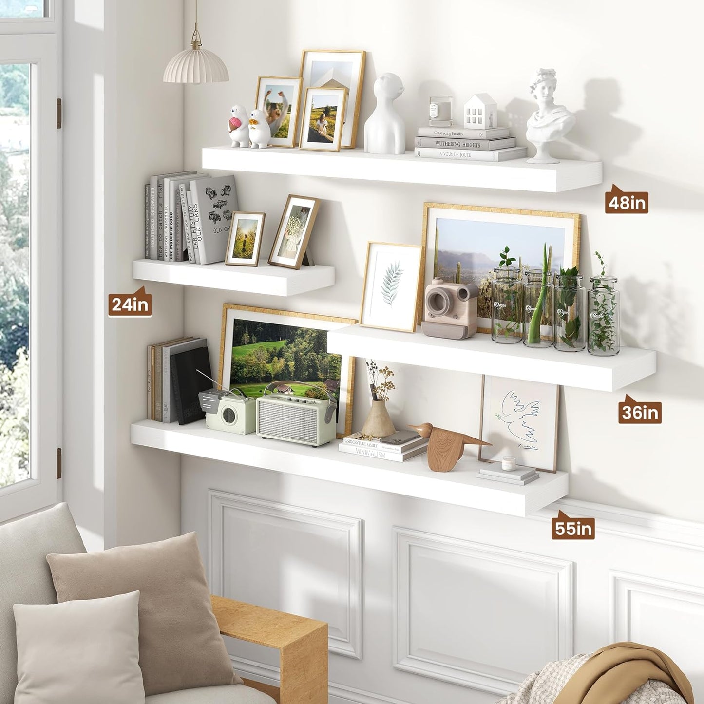 Heimlove 36 Inch White Floating Shelves for Wall,10 Inch Deep Wood Shelves with Invisible