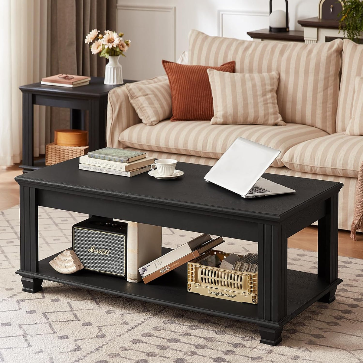 Farmhouse Coffee Tables for Living Room,Square Tea Table with Open Storage Shelf,Large Coffee