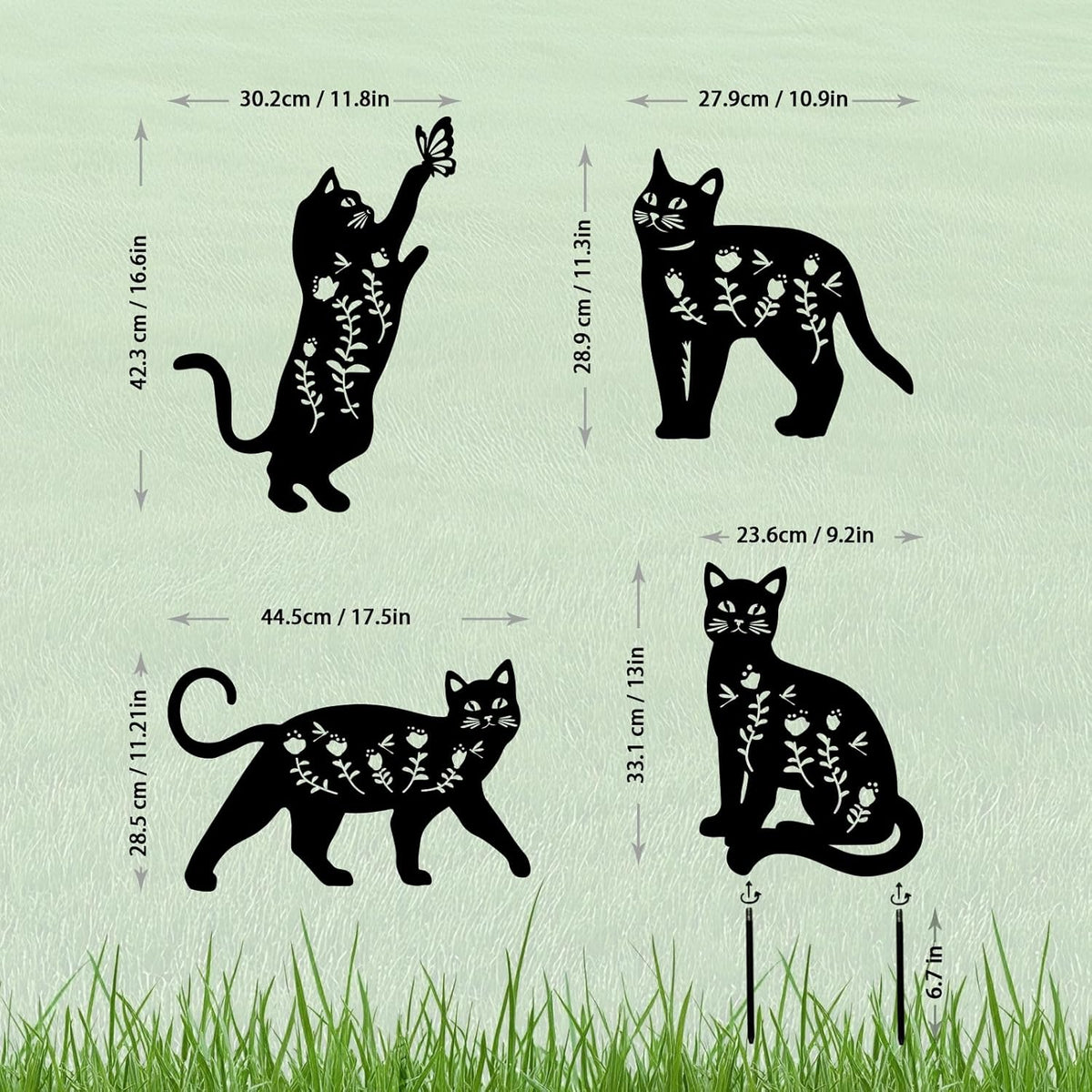 4 Pack Cat Metal Garden Decorative Stakes, Weather Proof Silhouette Statues for Yard, Patio,Outdoor