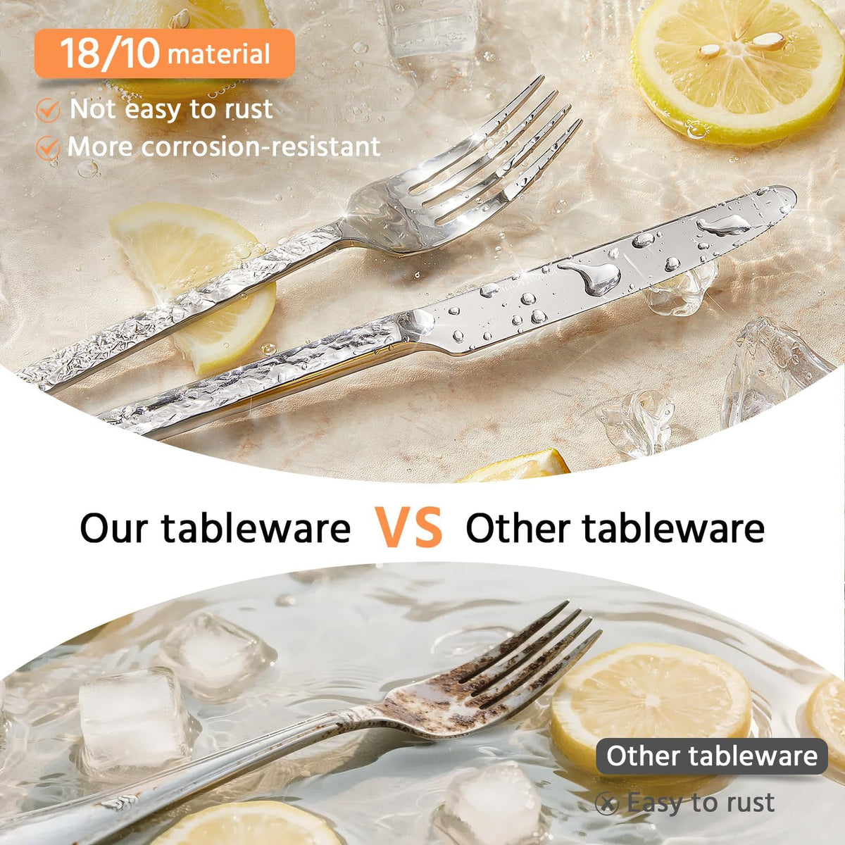 KINGSTONE 60 Pcs Hammered Silverware Set for 12, 18/10 Stainless Steel Heavy Duty Flatware Set