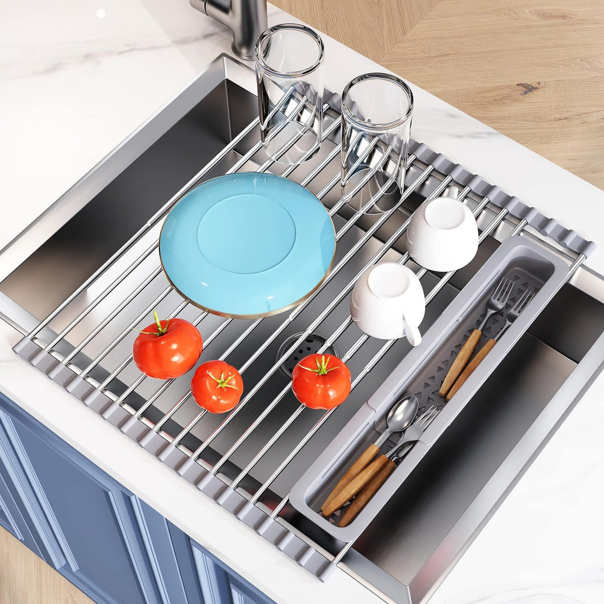 Over The Sink Dish Drying Rack for Kitchen, Expandable (12.8"-23.8" D x 15.5" W) Roll Up Dish