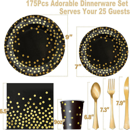 AIRE 175PCS Black and Gold Paper Plates Party Supplies for 25 Guests Disposable Party Decorations