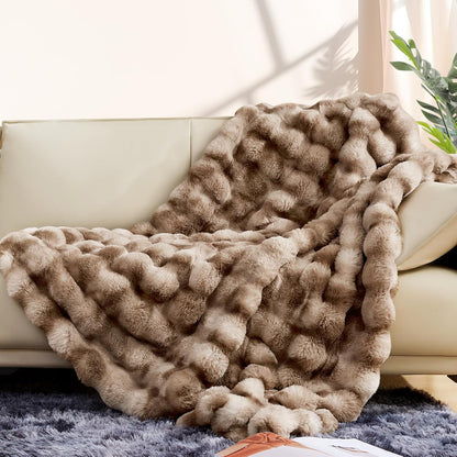 Touchat Luxury 1000GSM Faux Rabbit Fur Throw Blanket, Super Heavy Warm Cozy Brown Blankets for