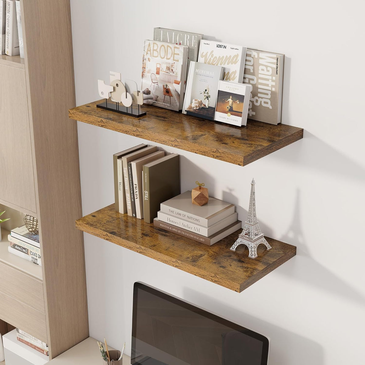 30" Floating Shelves for Wall, 12" Deep Slim Rustic Brown Floating Shelves, Wall-Mounted Shelves