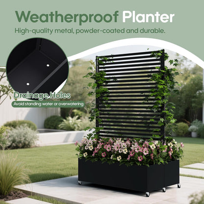 Double Metal Planter Box with Trellis Privacy Screen, Raised Garden Bed with Trellis & Wheels