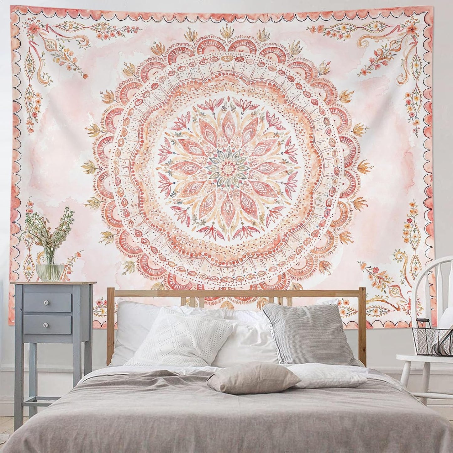 Fowocu Boho Floral Mandala Tapestry Wall Hanging Pink Bohemian Flower Medallion Tapestry Aesthetic