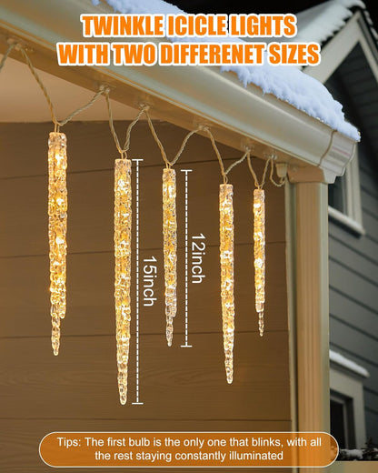 Minetom Icicle Lights Outdoor with Clips, 2 Pack Total 40ft 200 LED 40 Tubes Twinkling Ice Shape
