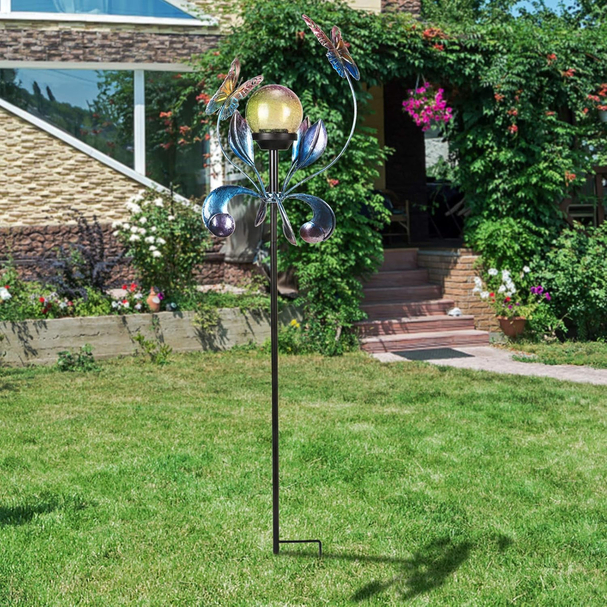 VCUTEKA Solar Lights Outdoor Metal Garden Stake Waterproof Crackle Glass Globe Garden Decor