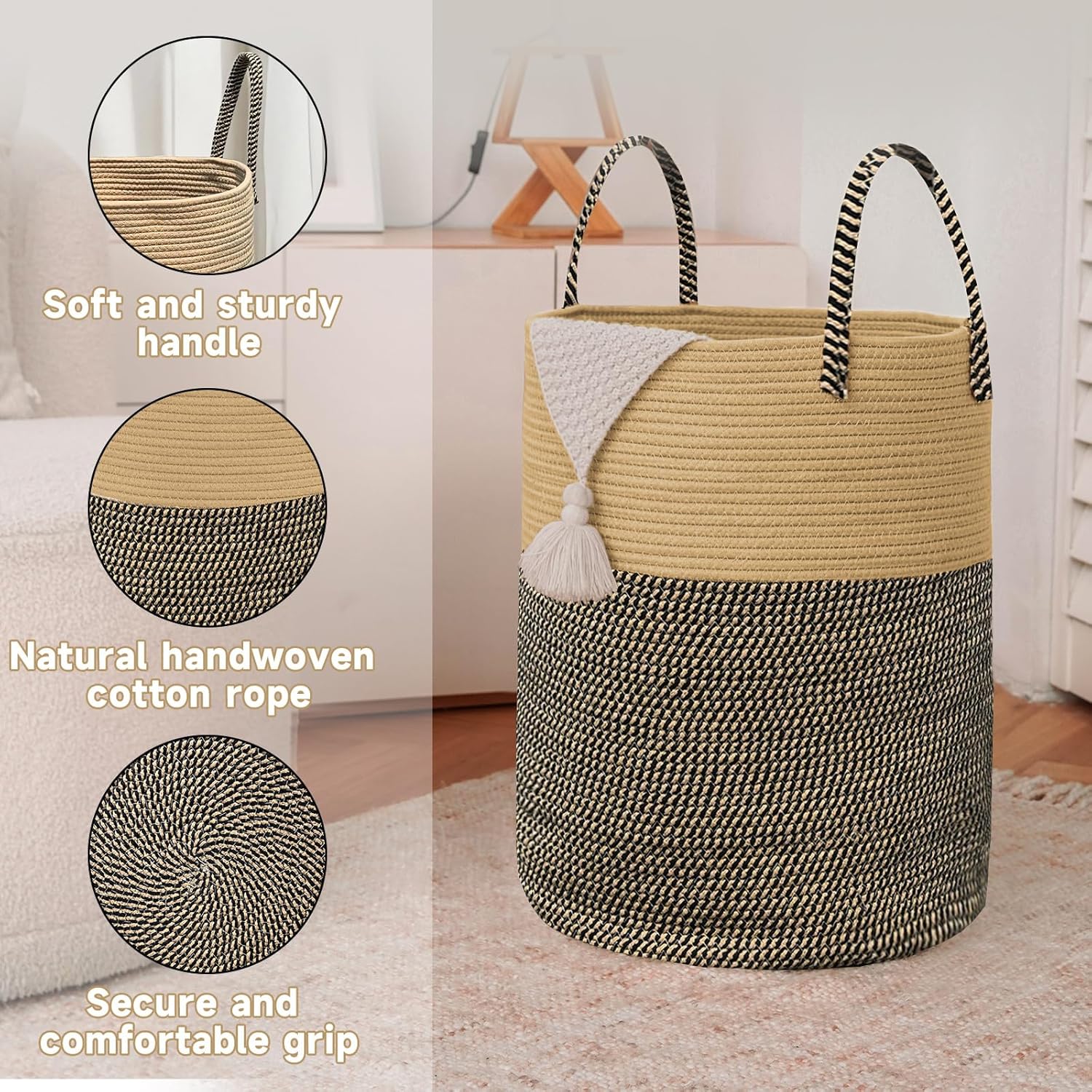 Large Woven Laundry Basket Hamper,80L Cotton Rope Storage Bin for Blankets,Toys and