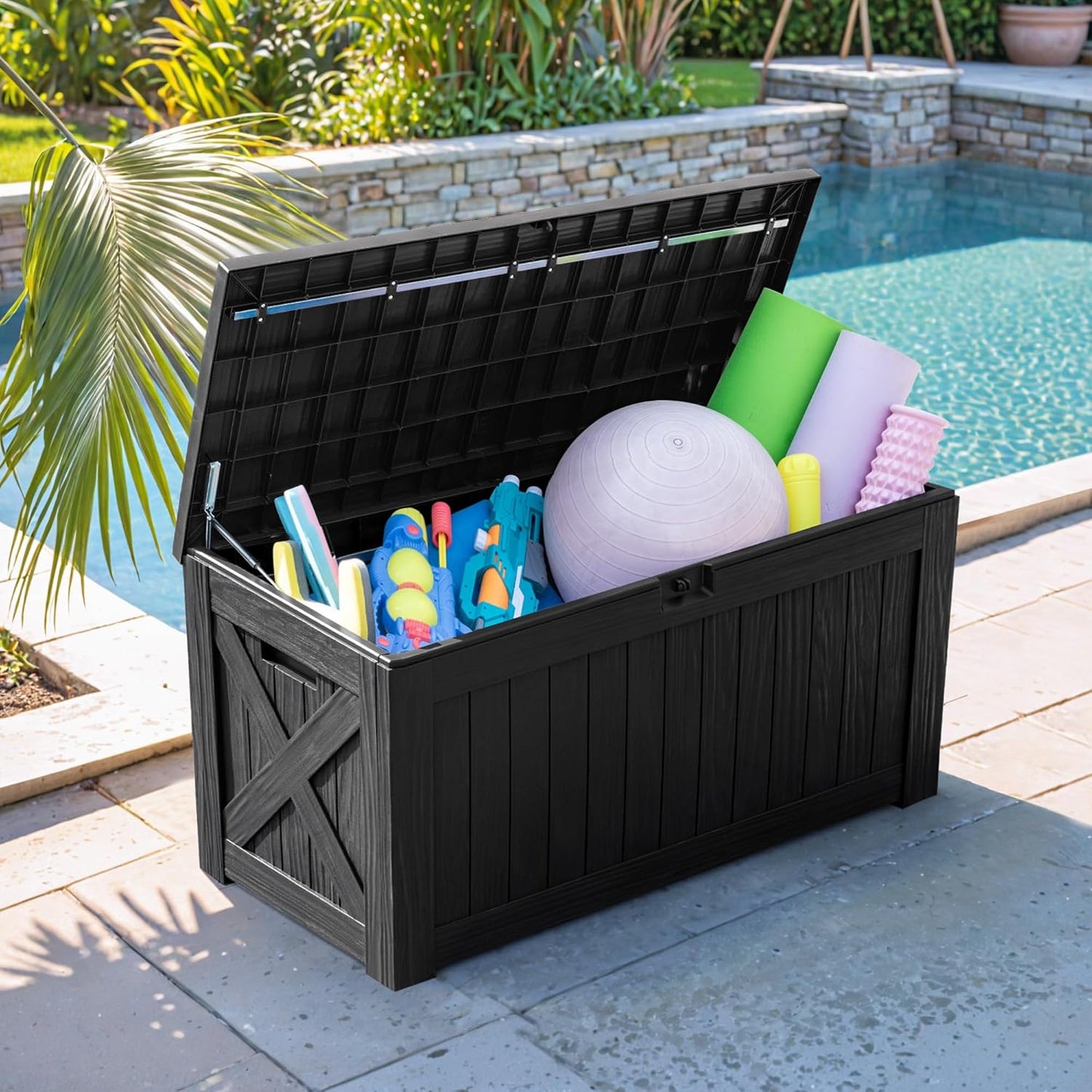 Flamaker Resin Deck Box 120 Gallon Waterproof Large Outdoor Indoor Storage Box Imitation Wood Resin
