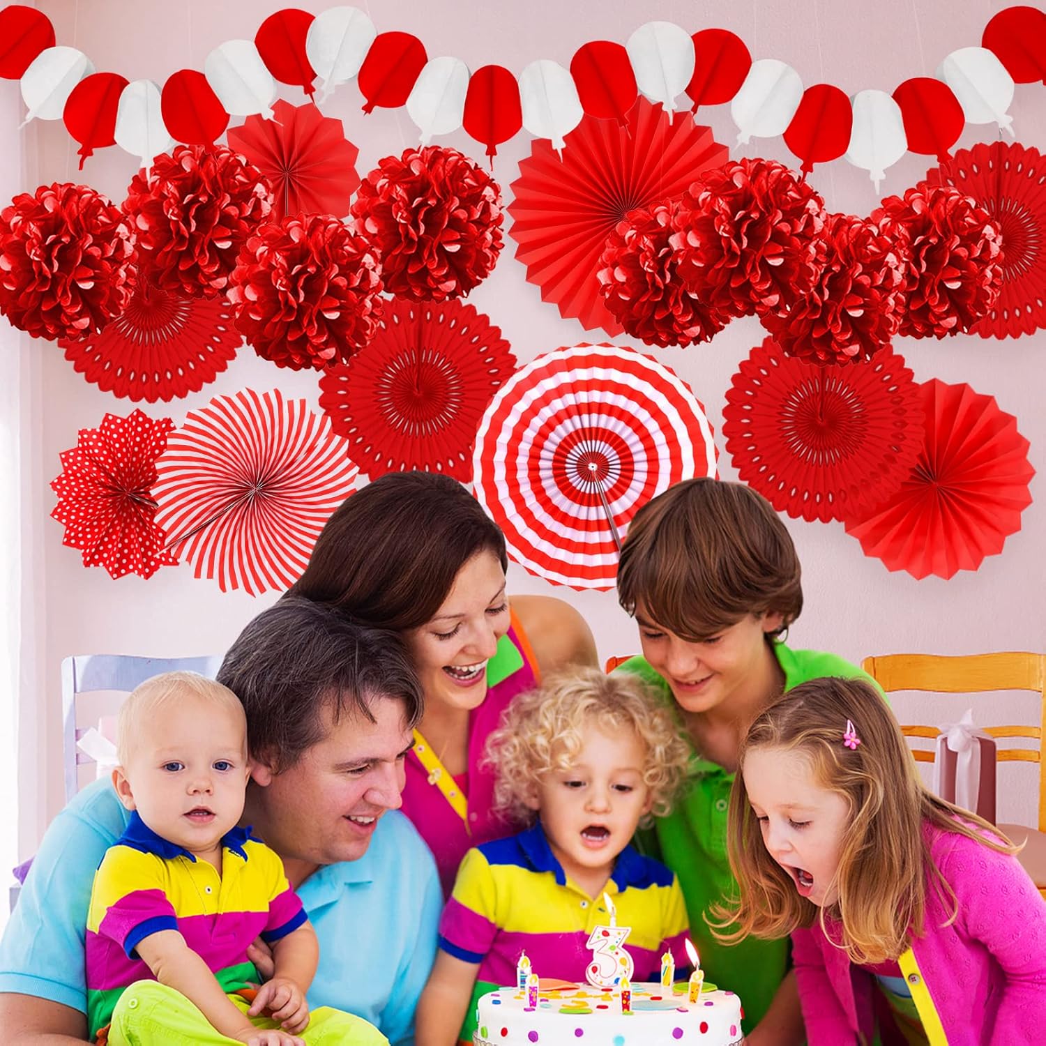 Red Party Decorations, Papar Fans Pompoms Fans Garlands for Birthday Bridal Baby Shower Wedding