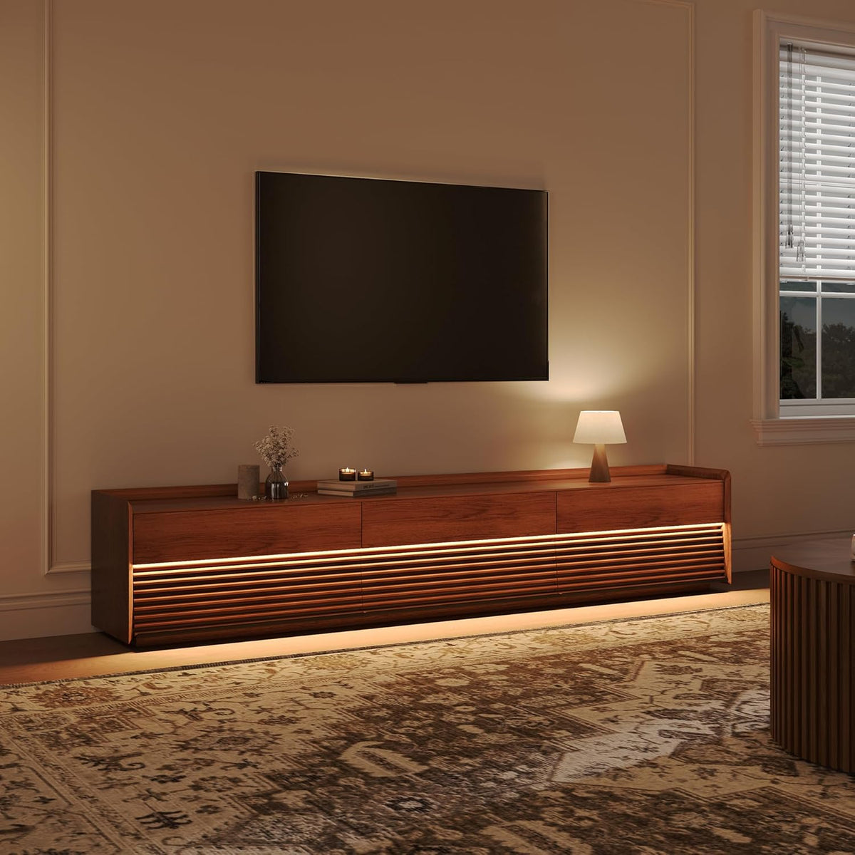 POVISON Fully-Assembled Mid Century Modern TV Stand, 94.49" Wood Media Console with Adjustable LED