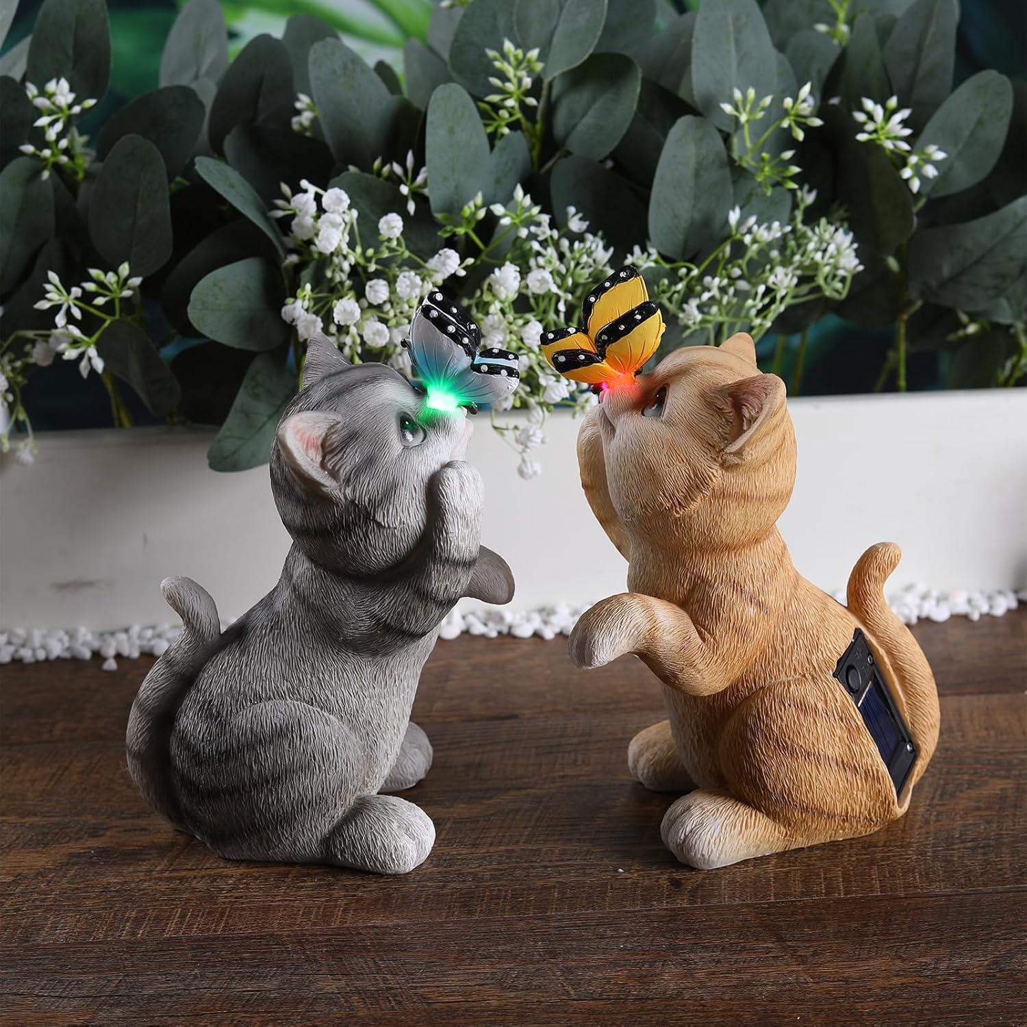 Solar Garden Statue Cute Cat Figurine Fun Color Changing LED Butterfly Light Outdoor Decor