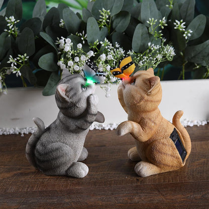 Solar Garden Statue Cute Cat Figurine Fun Color Changing LED Butterfly Light Outdoor Decor