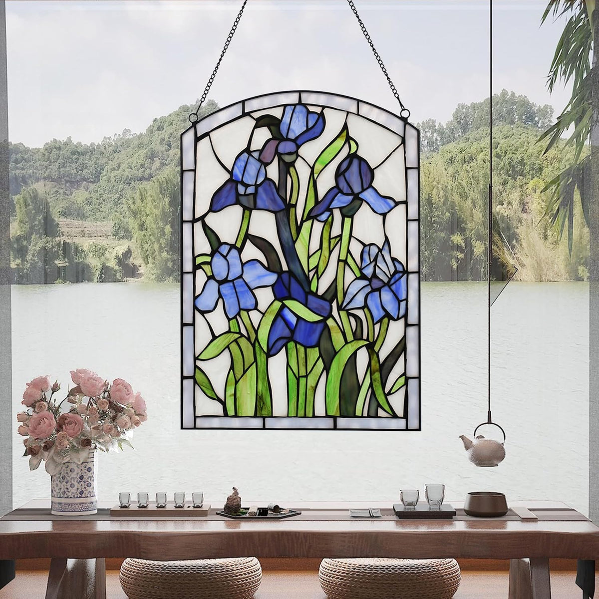 YOURANJU Iris Stained Glass Window Hanging 16" H x 11" W Tiffany Style Blue Rectangular Window