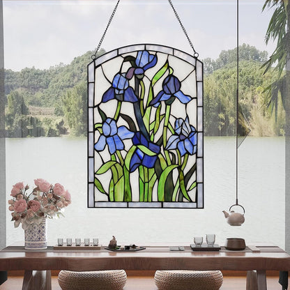 YOURANJU Iris Stained Glass Window Hanging 16" H x 11" W Tiffany Style Blue Rectangular Window