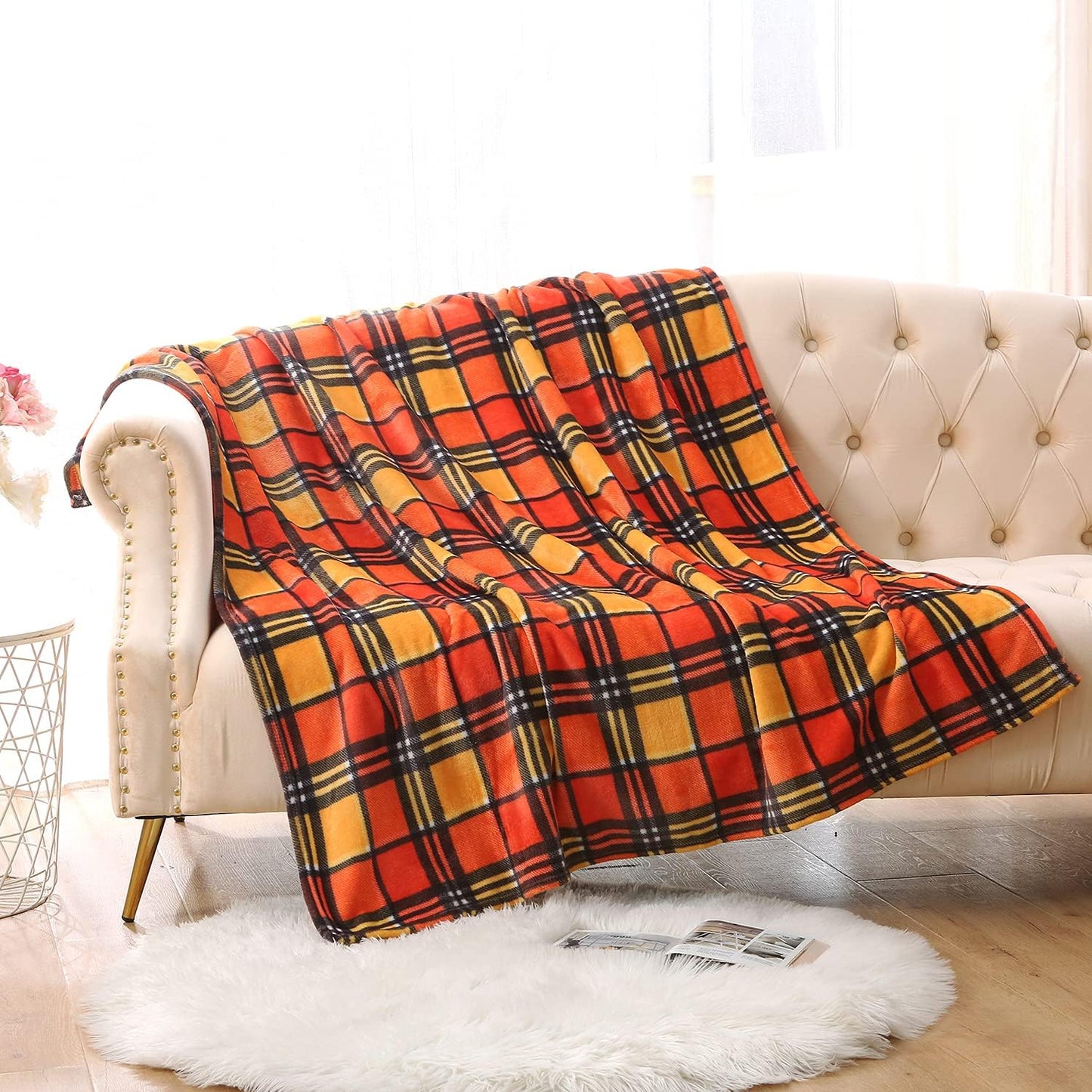 MERRYLIFE Throw Blanket for Couch Orange Plaid Chair Throw Blanket| Soft Decorative Ultra-Plush