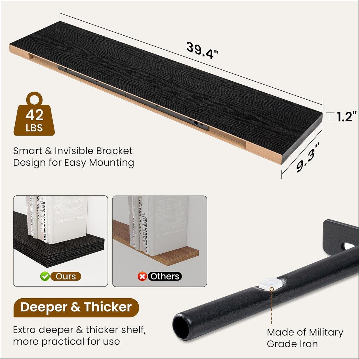 Fun Memories 40" Rustic Wood Floating Shelves with Invisible Brackets for Storage & Decor, Deep