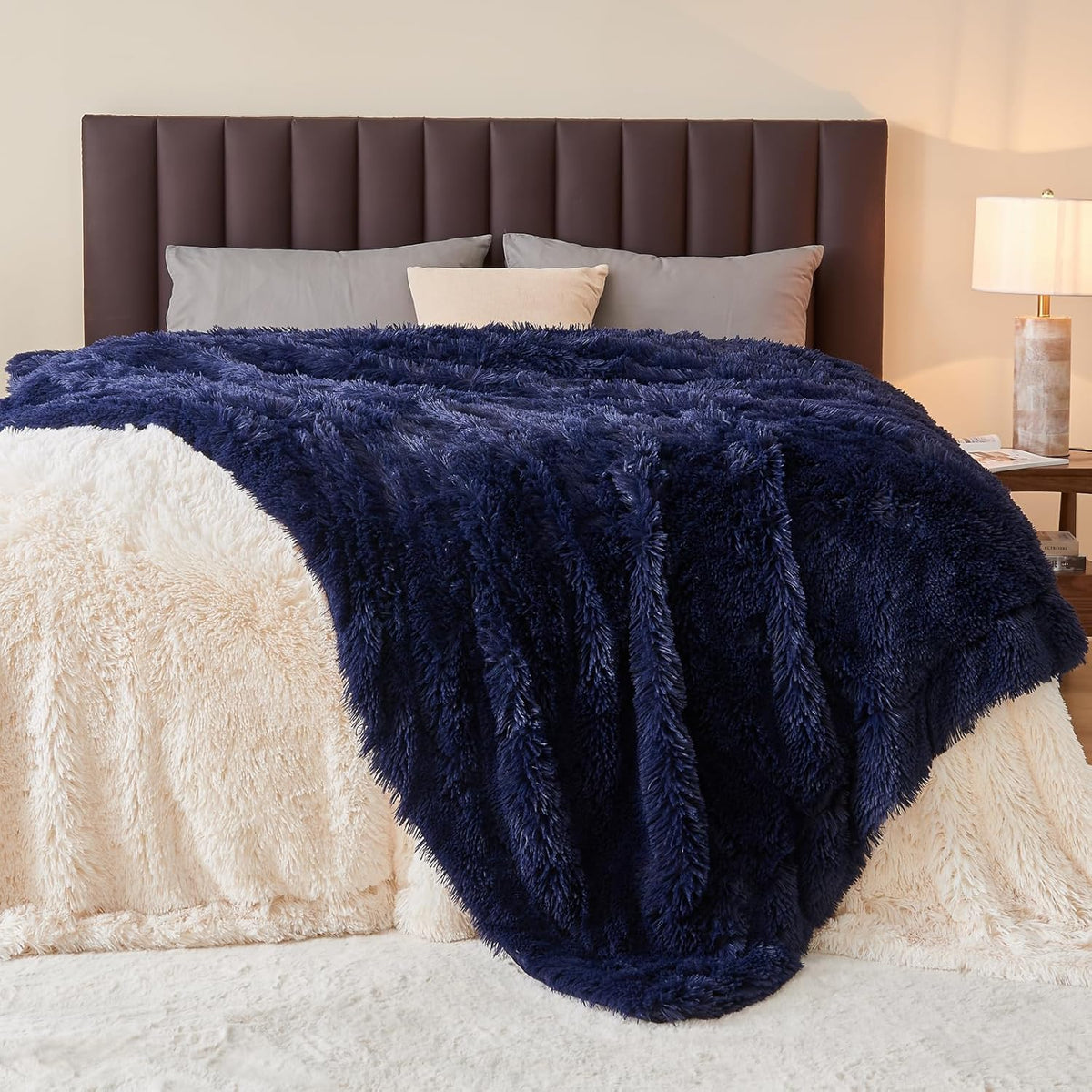 GONAAP Fuzzy Faux Fur Throw Blanket Dark Navy Super Soft Cozy Plush Fuzzy Shaggy Blanket for Couch