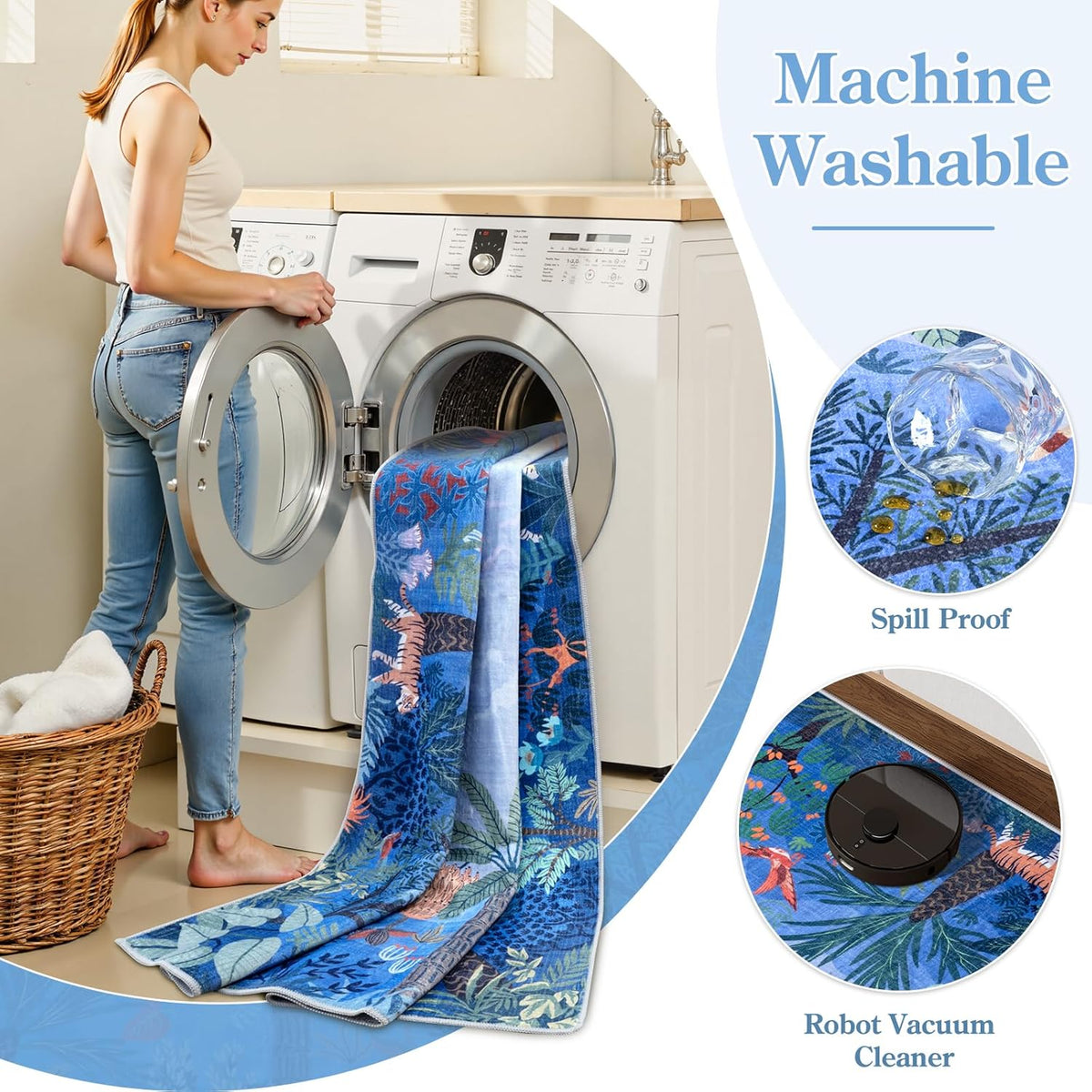 LIVEBOX Washable Jungle Animal Print Rugs 9x12 Blue Rugs for Living Room, Stain Resistant Soft Kids