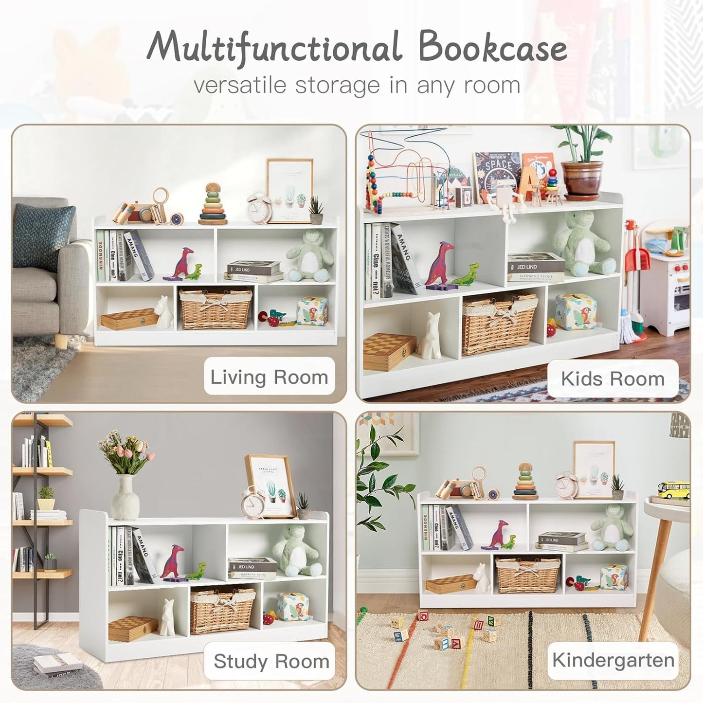 Montessori Shelf, Wooden Toy Storage Organizer for Books Toys, 2 Shelf Bookcase, 5-Section Storage