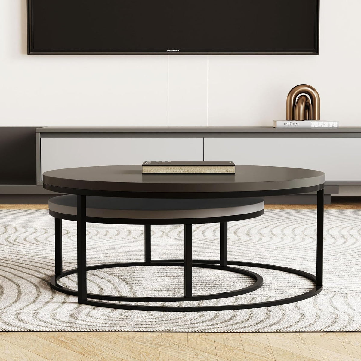 Modern Round Coffee Table Set, Nesting Cocktail Tables with Black Metal Legs, Dark Gray/Light Gray