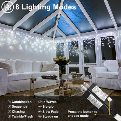 99ft 1216LED Icicle Lights for Outside, White Christmas Lights for House Patio Yard Porch Backyard