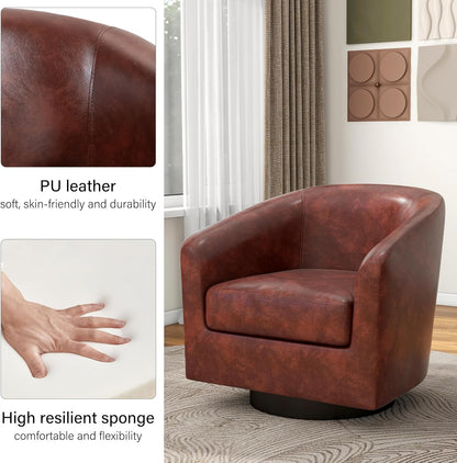Swivel Barrel Accent Chair, Modern Round Faux Leather Arm Chair for Living Room, Bedroom, Comfy