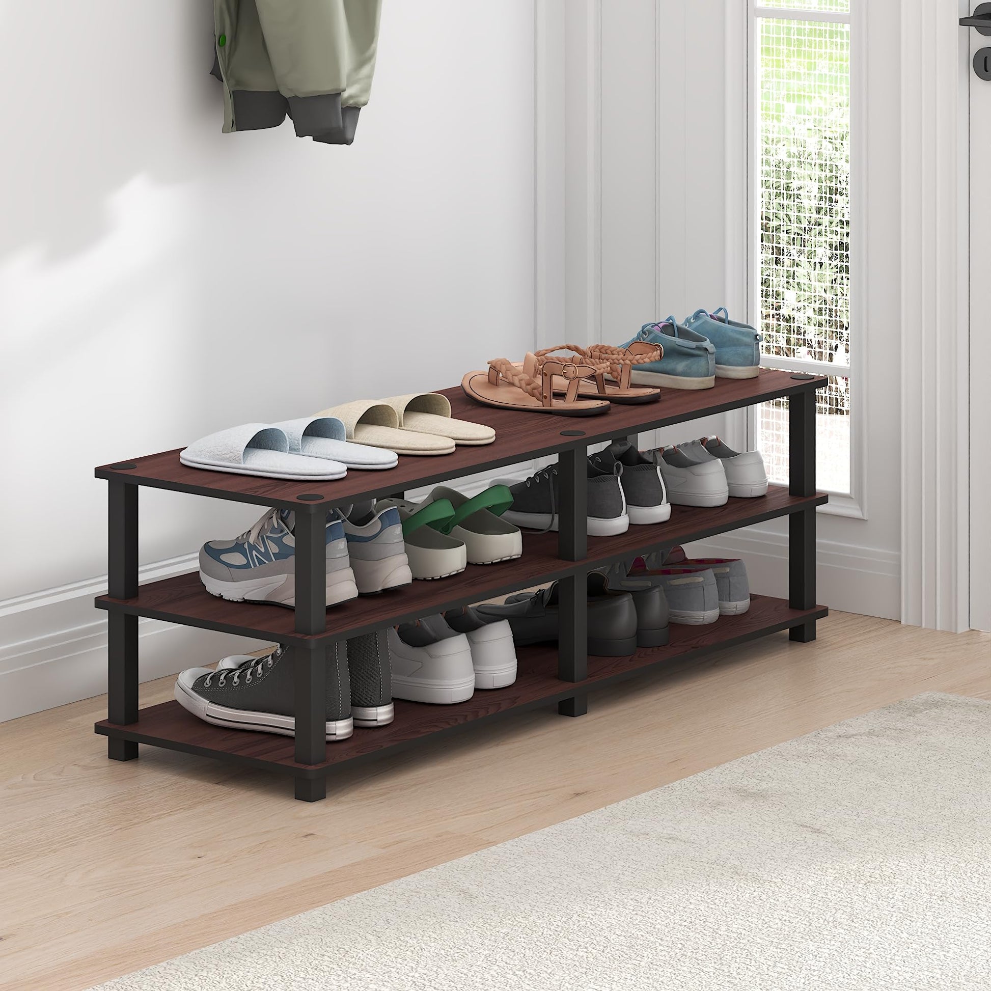 Furinno TURN-S-TUBE Shoe Rack, 3-Tier Wide Shoe Organizer, Open Shelf Rectangular Shoe Storage