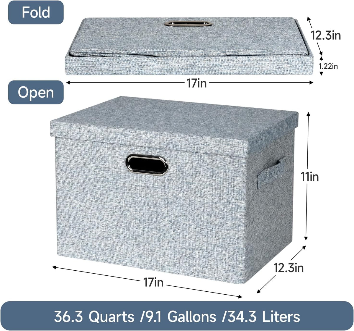 Large 17" 36 Quart Collapsible Stackable Storage Bins with Lids, 3 Packs Blue-Grey Linen Fabric