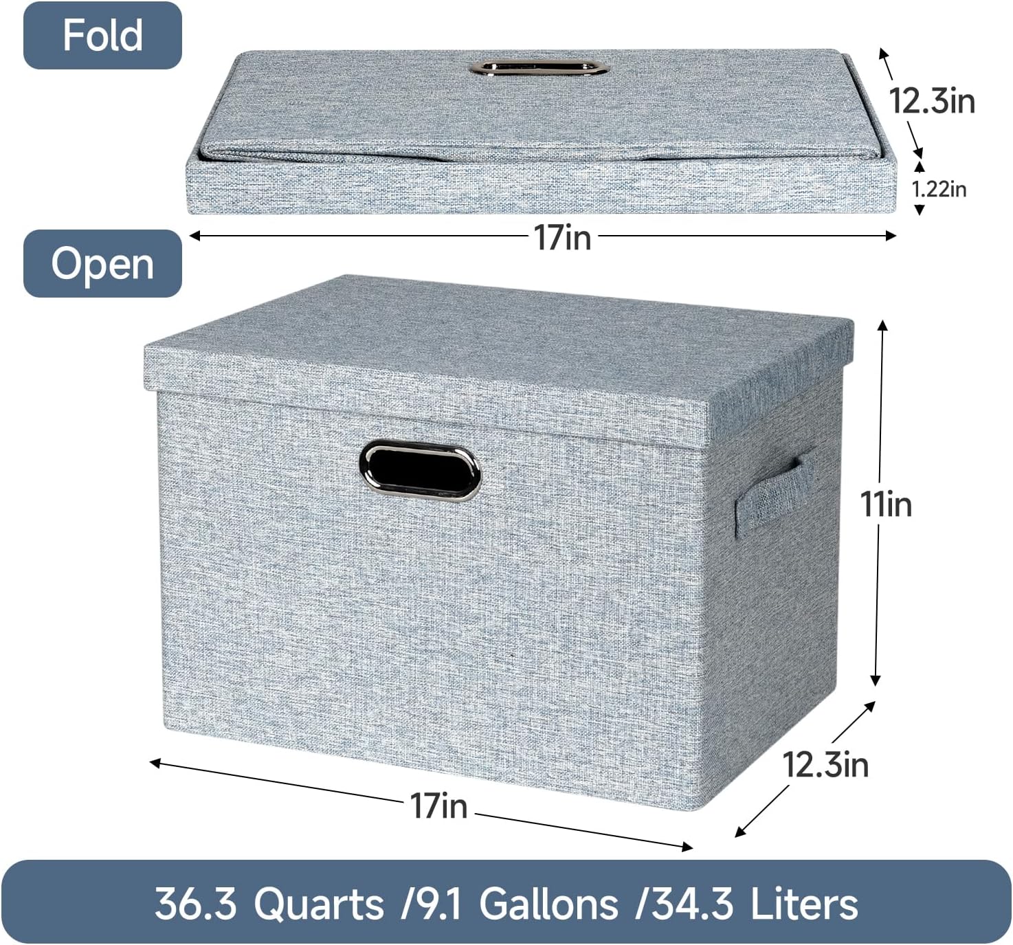 Large 17" 36 Quart Collapsible Stackable Storage Bins with Lids, 3 Packs Blue-Grey Linen Fabric