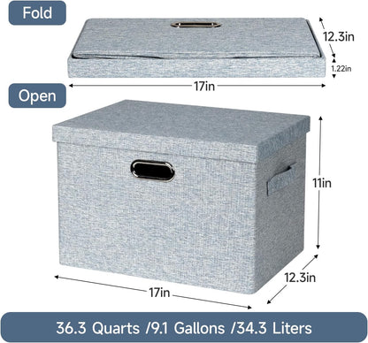 Large 17" 36 Quart Collapsible Stackable Storage Bins with Lids, 3 Packs Blue-Grey Linen Fabric