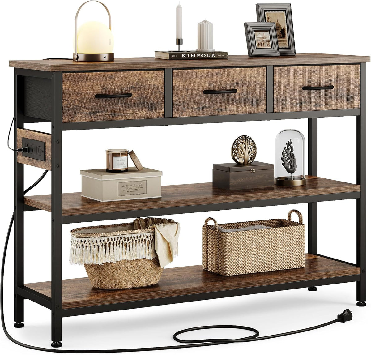 Lulive Entryway Table with Power Outlets, Console Table with 3 Fabric Drawers, Sofa Table for