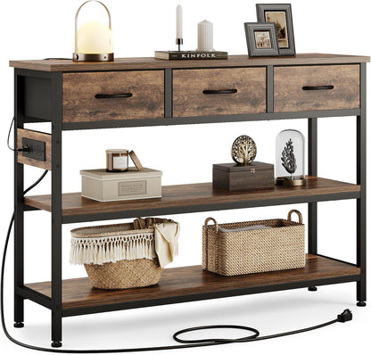 Lulive Entryway Table with Power Outlets, Console Table with 3 Fabric Drawers, Sofa Table for