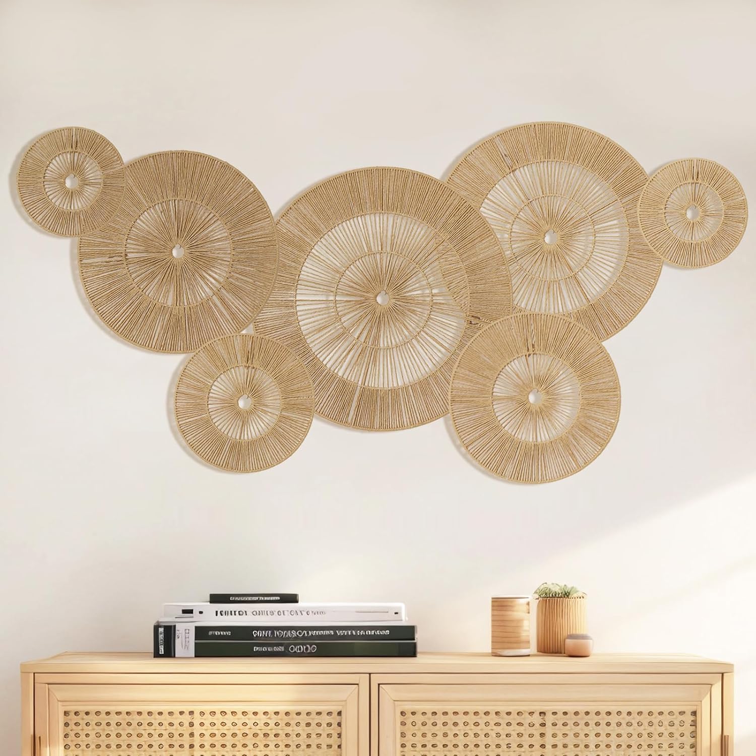 Mokof 7 Pack Boho Wall Decor Round Baskets Set (Small 7" to Largest 17") - Handwoven Large Wall